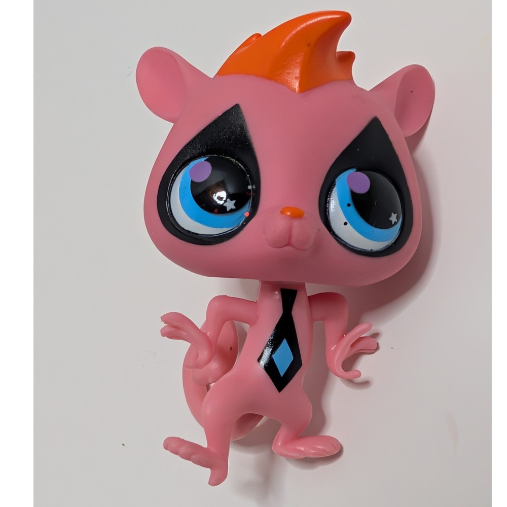 Vtg LPS Littlest Pet Shop Pink Lemur #2847 Orange Mohawk Tie Blue Eyes‎ Figure